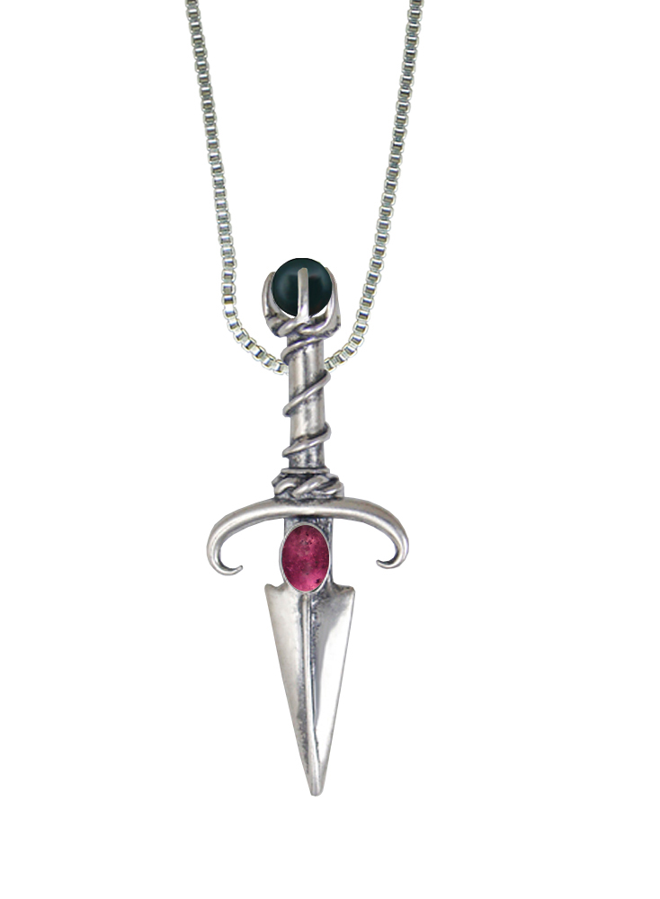 Sterling Silver Black Prince's Knife Dagger Pendant With Pink Tourmaline And Bloodstone